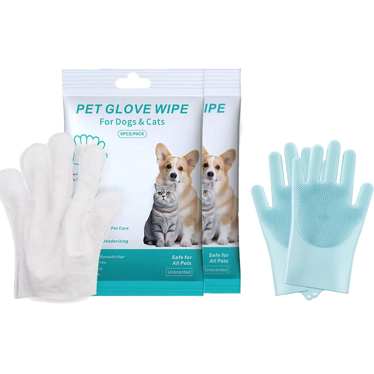 SkipFrog Pet Grooming Glove Wipes CombinationPet Bathing Wipes for Dogs & Cats Cleaning & Deodorizing Grooming Gloves Nourish Fur Glove Wipes for Daily Care and Traveling Rinse Free.12PCS white