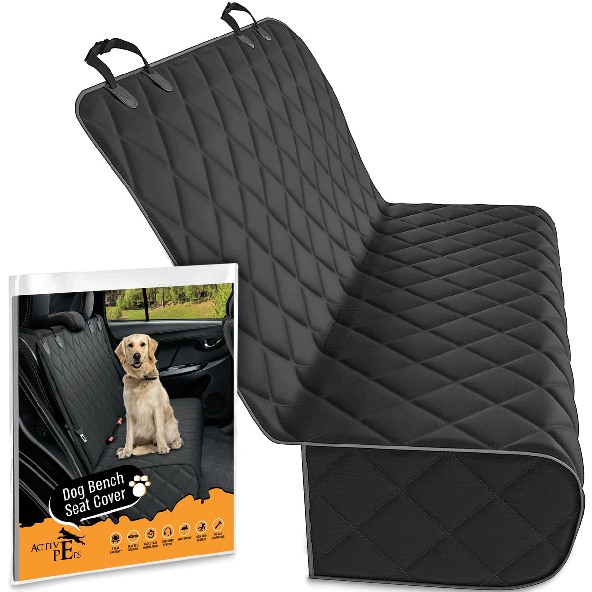 Active Pets Fabric Car Bench Dog Seat Cover for Back Seat Waterproof Vehicle Seat Covers Durable Scratch Proof Nonslip Protector for Pet Fur & Mud Washable - Black