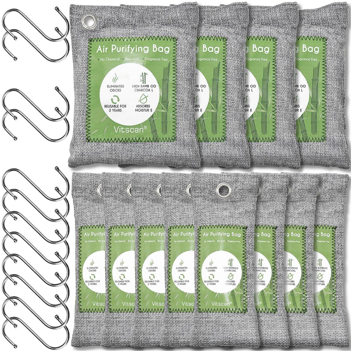 12 Pack Bamboo Charcoal Air Purifying Bag Activated Charcoal Bags Odor Absorber Moisture Absorber Natural Car Air Freshener Shoe Deodorizer Odor Eliminators For Home Pet Closet (8x50g 4x200g)