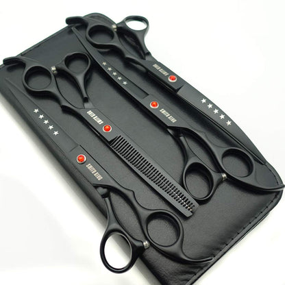 7.0in Professional Pet Grooming Scissors setStraight & Thinning & Curved scissors 4pcs set for Dog grooming (Matt Black)